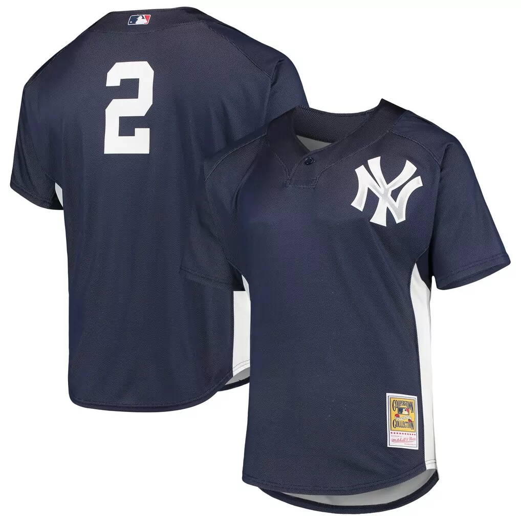 derek jeter new york yankees mitchell ness cooperstown collection mesh batting practice button up jersey navy