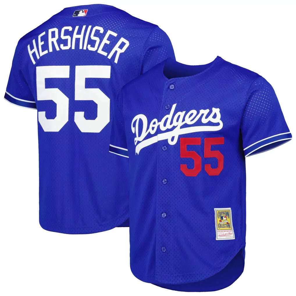 orel hershiser los angeles dodgers mitchell ness cooperstown collection mesh batting practice button up jersey royal