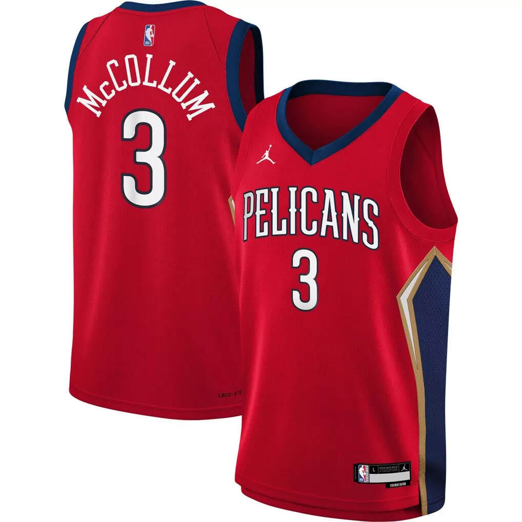 c j mccollum new orleans pelicans fanatics fast break replica player jersey statement edition red