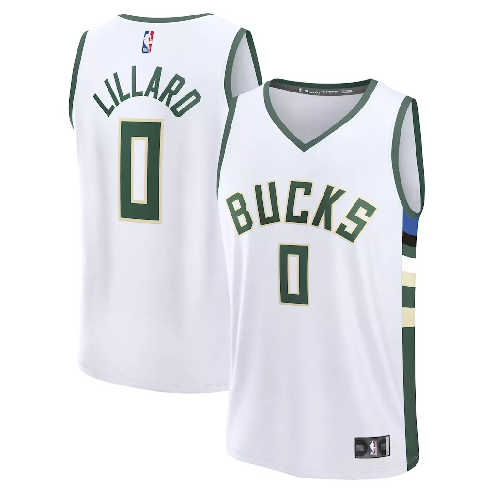 damian lillard milwaukee bucks 0 men s stitched jersey 2023 white name patch