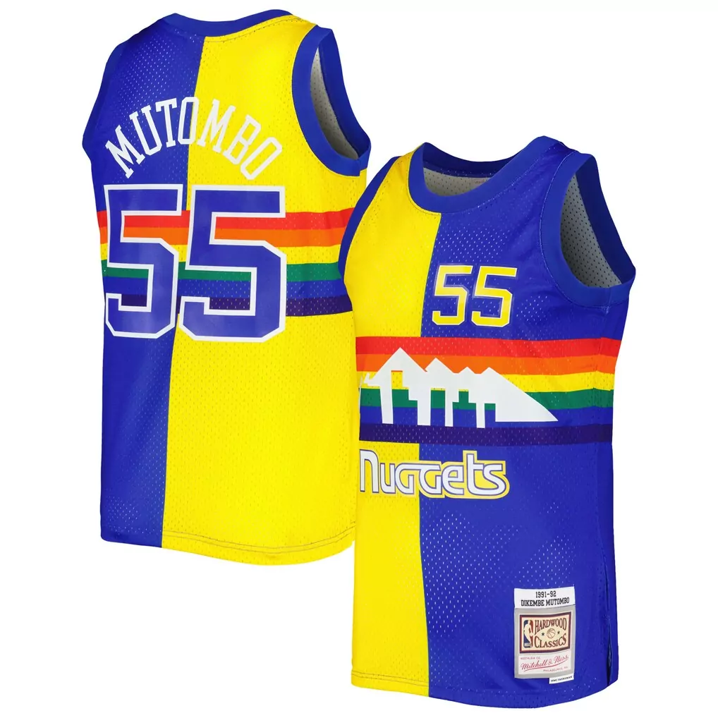 dikembe mutombo denver nuggets mitchell ness hardwood classics 1991 92 split swingman jersey royal gold