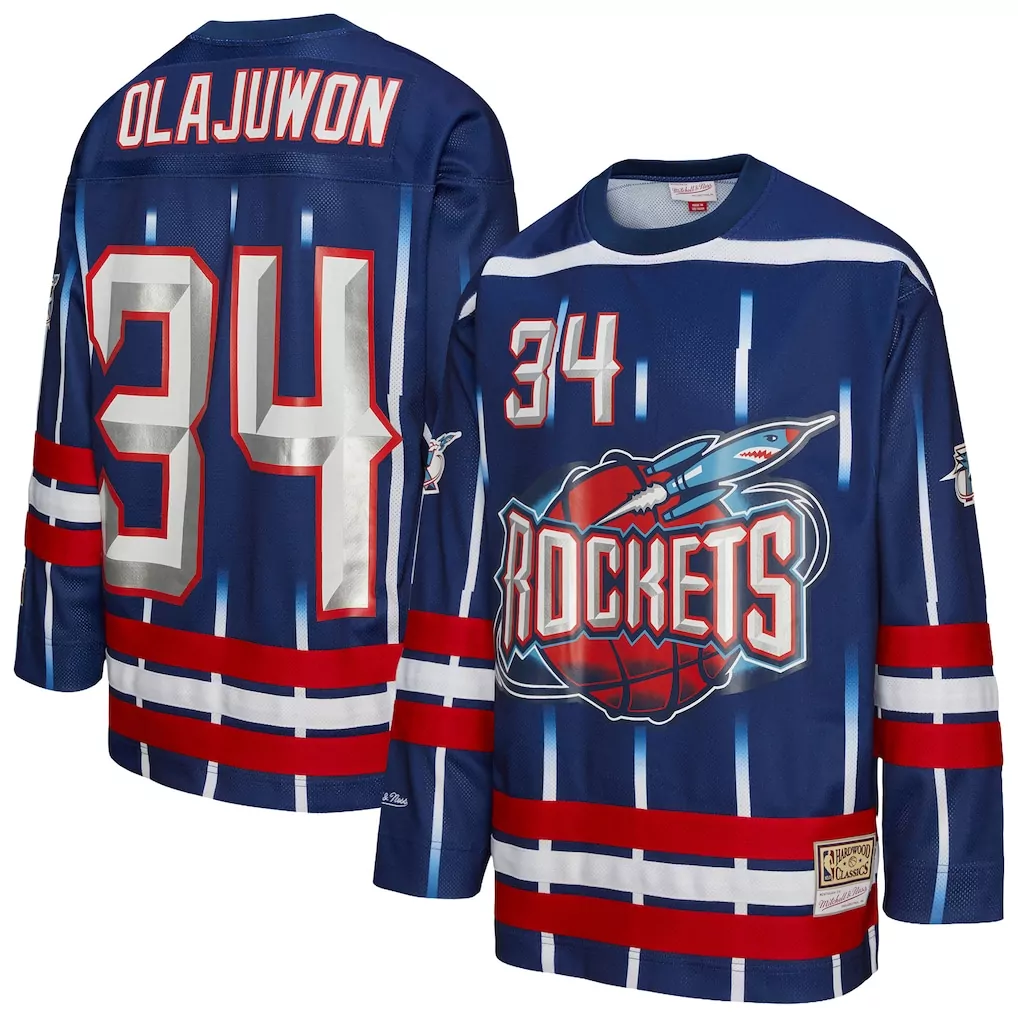 hakeem olajuwon houston rockets mitchell ness big tall hardwood classics 1993 94 split swingman jersey navy red