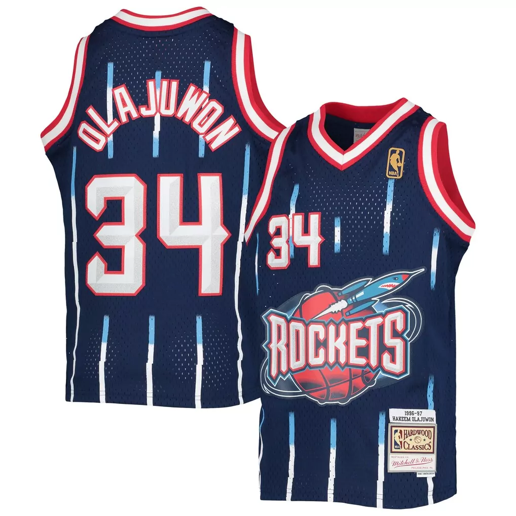 hakeem olajuwon houston rockets mitchell ness big tall hardwood classics 1993 94 split swingman jersey navy red