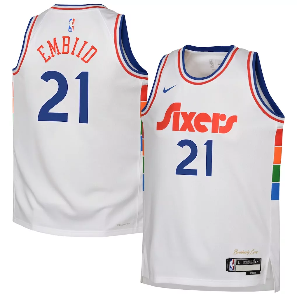joel embiid philadelphia 76ers nike youth 2022 23 swingman jersey city edition white