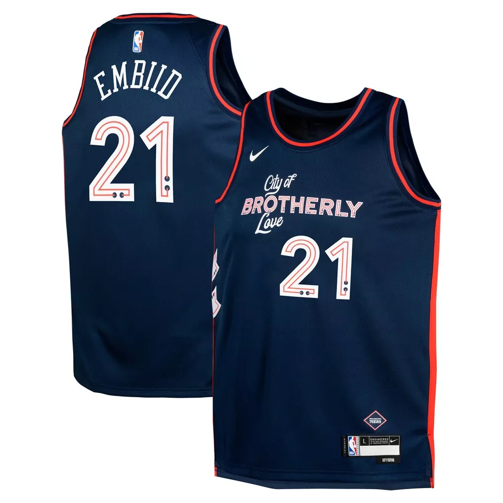 joel embiid philadelphia 76ers nike youth 2022 23 swingman jersey city edition white
