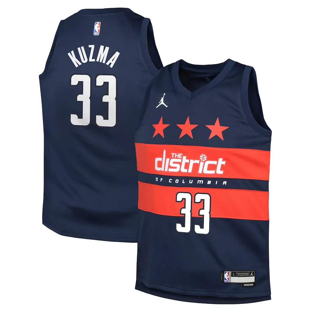 kyle kuzma washington wizards jordan brand unisex 2024 25 swingman jersey statement edition navy