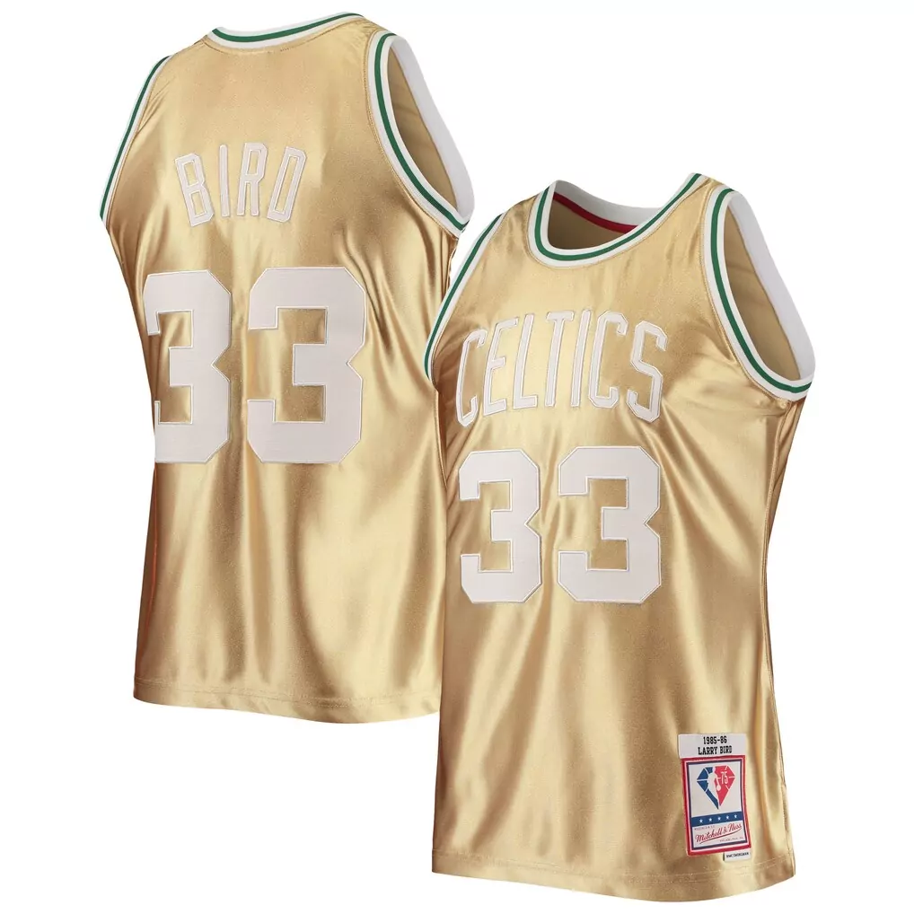 larry bird boston celtics mitchell ness 75th anniversary 1985 86 hardwood classics swingman jersey gold