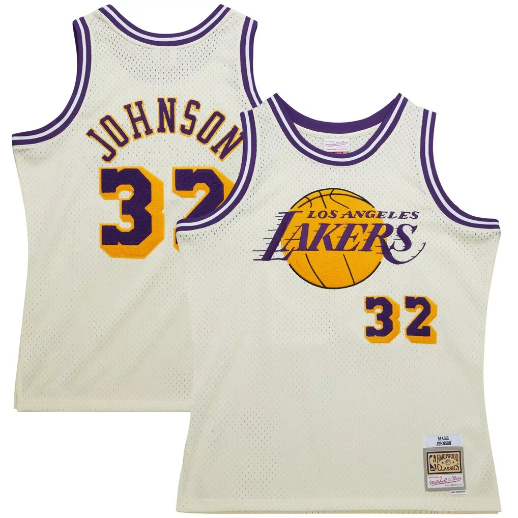 magic johnson los angeles lakers mitchell ness chainstitch swingman jersey cream