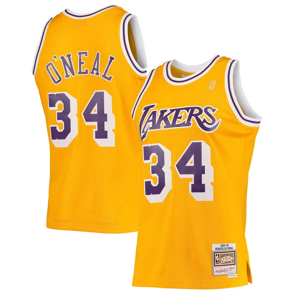shaquille o neal los angeles lakers mitchell ness 1996 97 hardwood classics swingman jersey gold