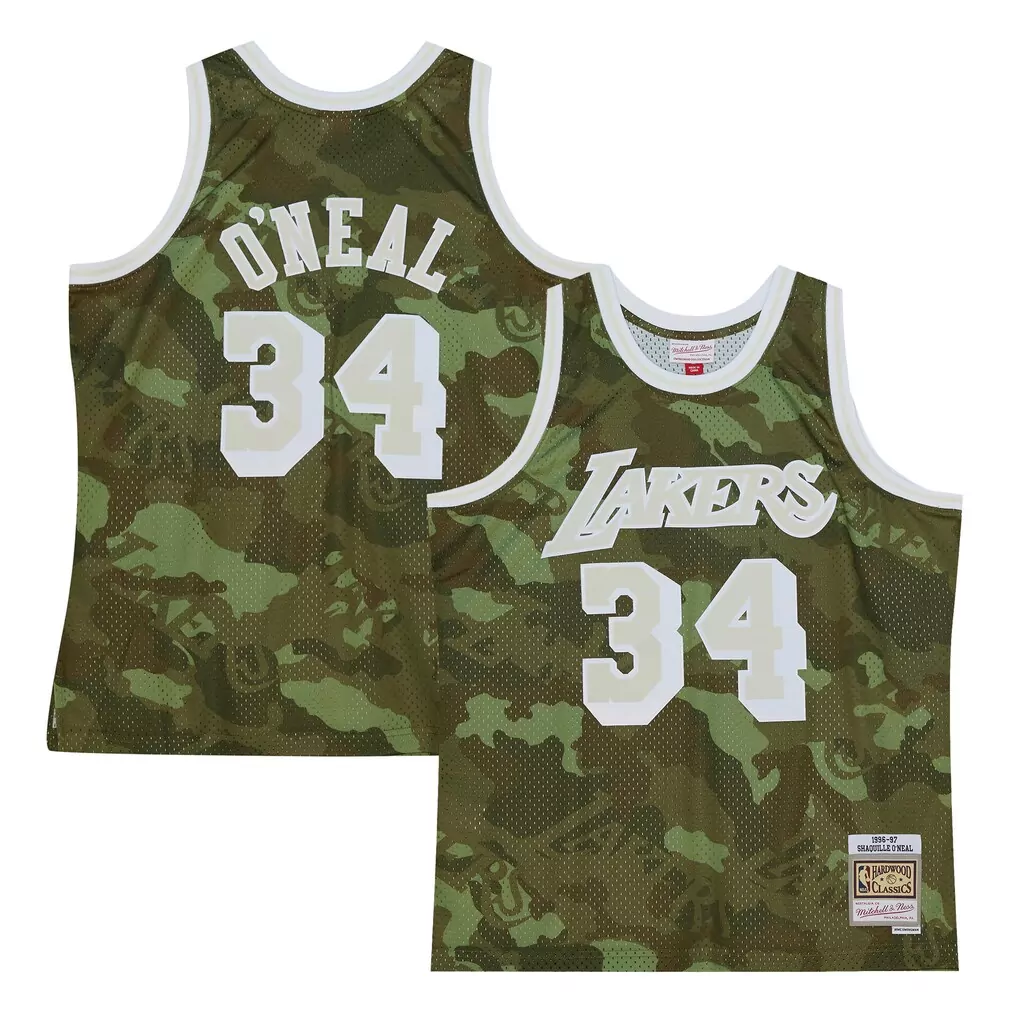 shaquille o neal los angeles lakers mitchell ness hardwood classics 1996 97 ghost green swingman jersey camo