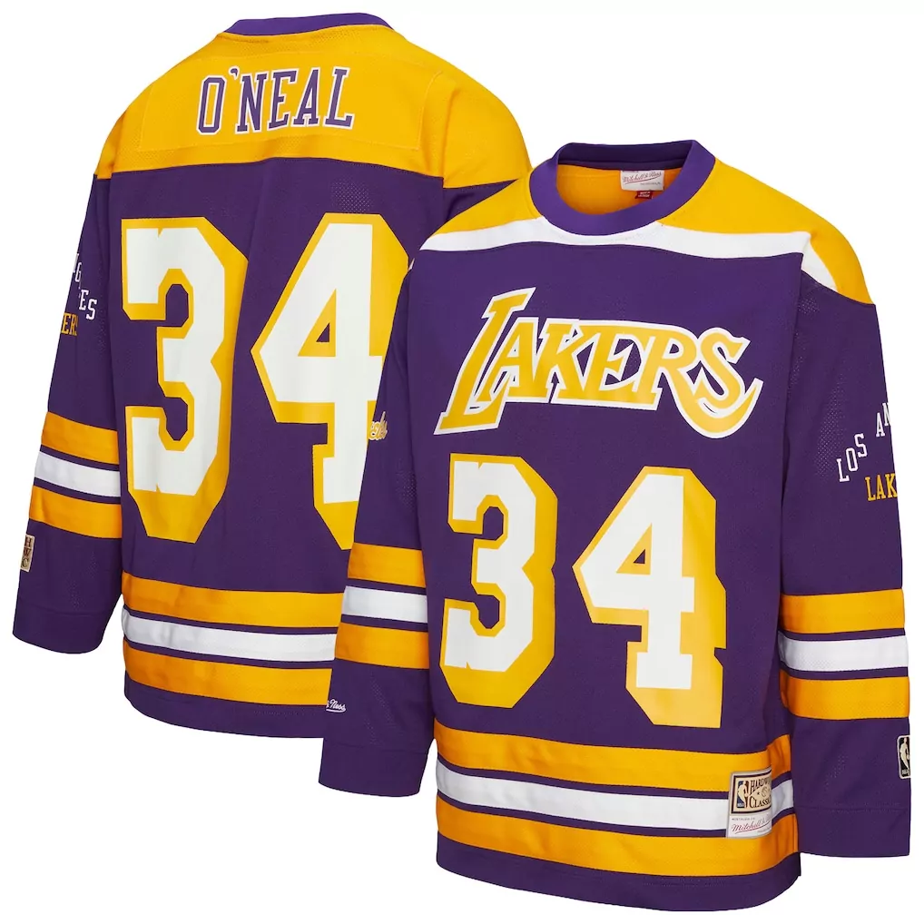 shaquille o neal los angeles lakers mitchell ness unisex maxxed out fashion hockey jersey purple