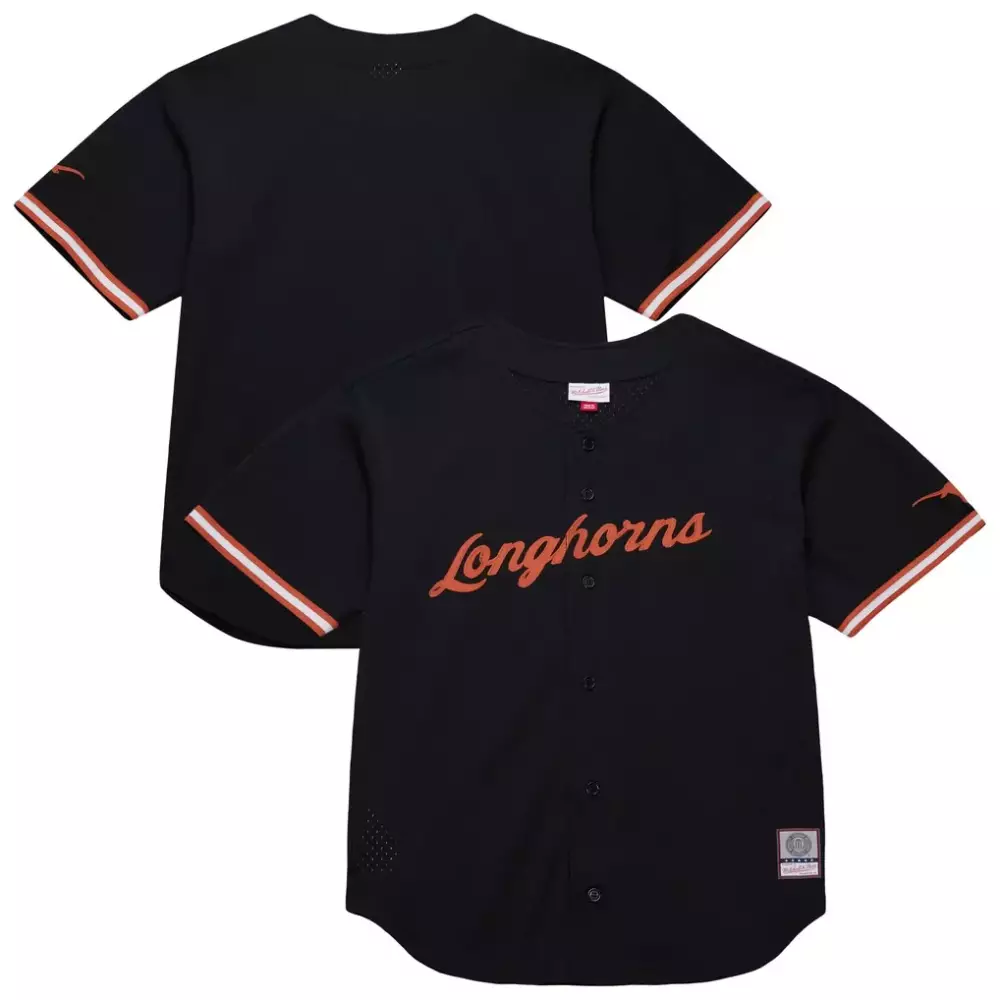Texas Longhorns Mitchell & Ness On The Clock Full Button Fashion Jersey | Black | Fan Gear for Game Day | For Men, Women & Youth