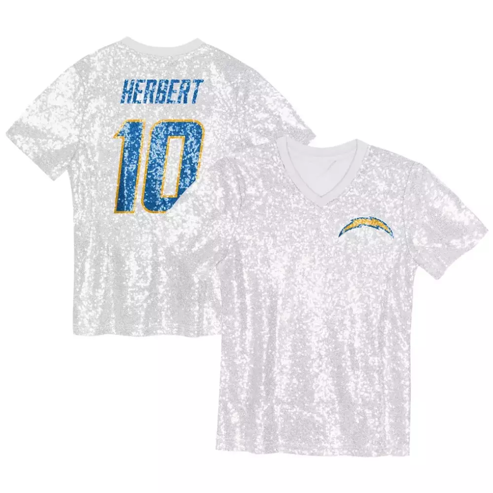 Justin Herbert Los Angeles Chargers Girls Youth Sequin V Neck Fashion Jersey | Powder Blue | Stylish Fan Gear for Girls
