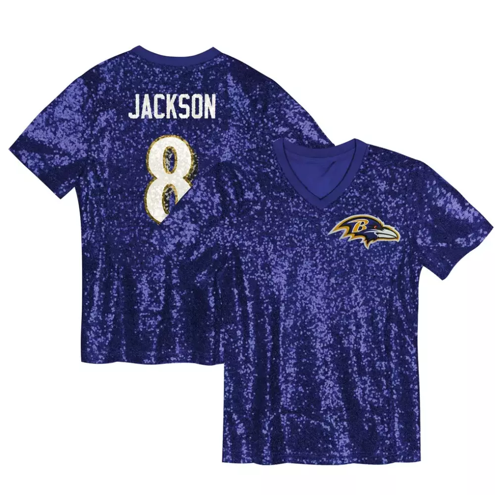 Lamar Jackson Baltimore Ravens Girls Youth Sequin V Neck Fashion Jersey | Purple Fan Gear | For Men, Women & Youth