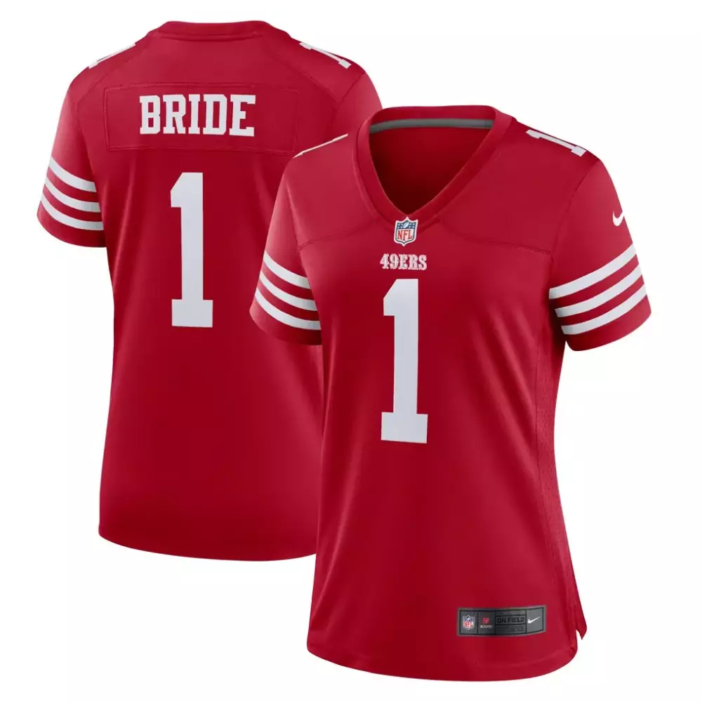 Number 1 Bride San Francisco 49ers Nike Women's Game Jersey | Stylish Scarlet Fan Gear for Game Day | For Men, Women & Youth