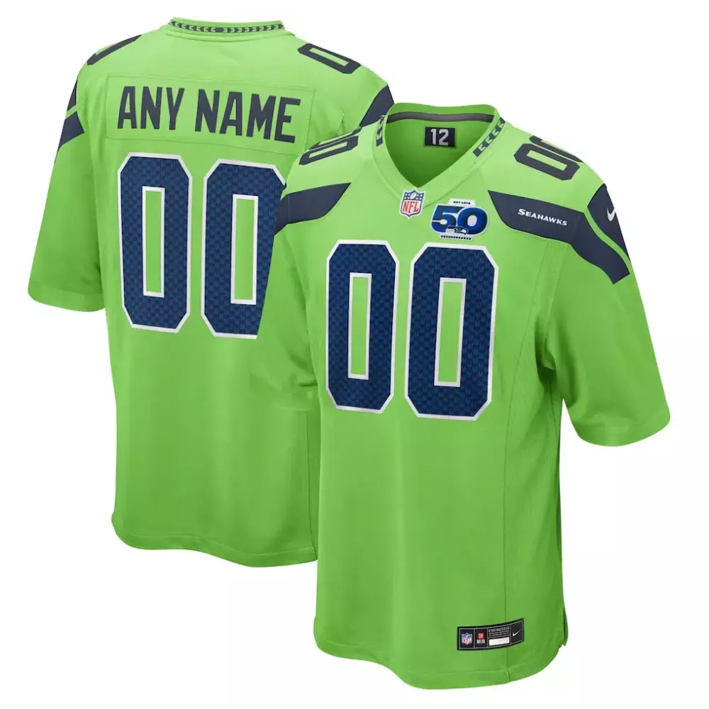 Seattle Seahawks Neon Green 50th Season Alternate Custom Game Jersey | Celebrate in Style | For Men, Women & Youth
