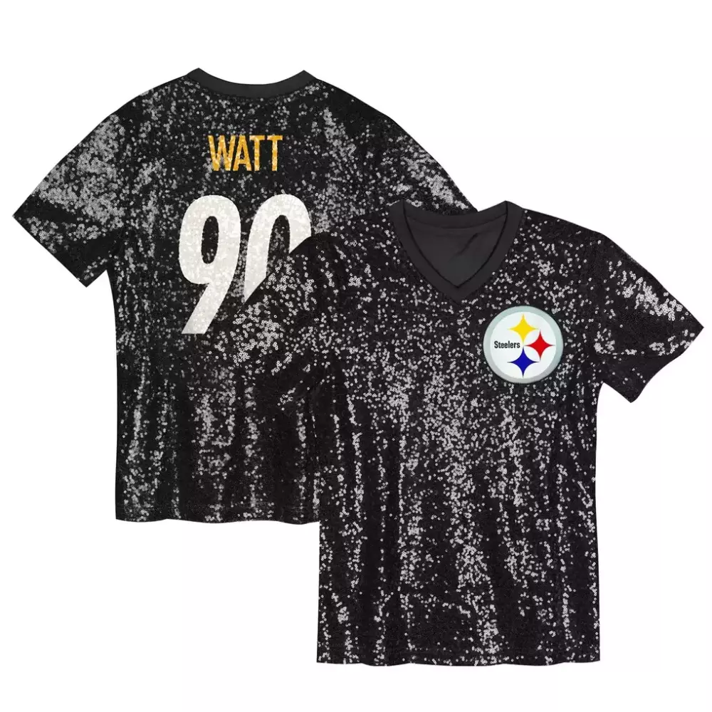 T.J. Watt Pittsburgh Steelers Girls Youth Sequin V Neck Fashion Jersey | Black Stitched Fan Gear | For Girls, Women & Youth
