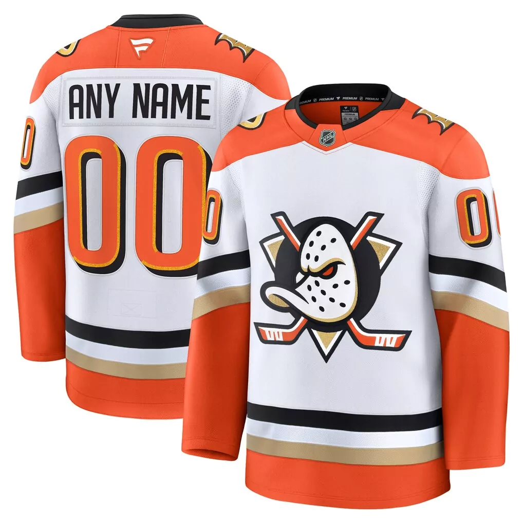 Anaheim Ducks Fanatics Away Premium Custom Jersey | White | Game Day Outfit for Men, Women & Youth