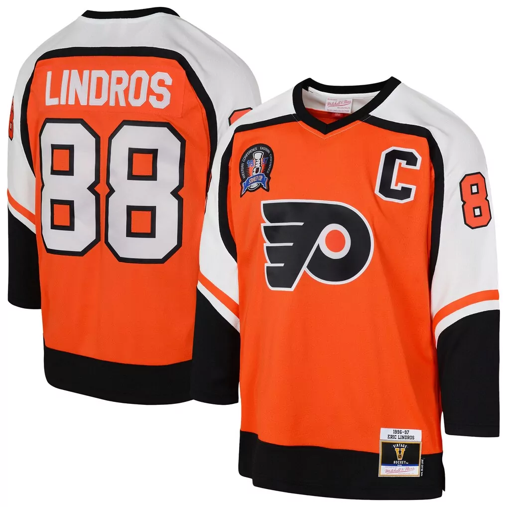 eric lindros philadelphia flyers mitchell ness youth 1996 97 power play 2 0 player jersey with captain patch orange