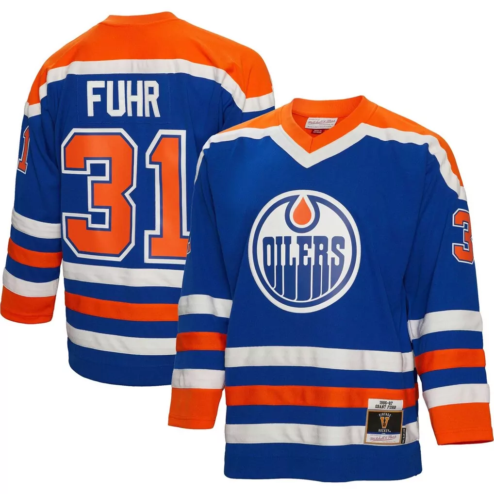 grant fuhr edmonton oilers mitchell ness 1986 87 blue line player jersey royal