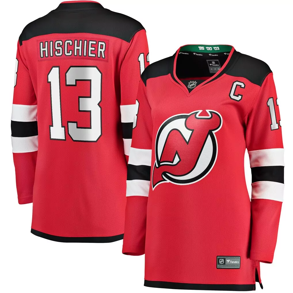 nico hischier new jersey devils fanatics women s captain patch home breakaway jersey red