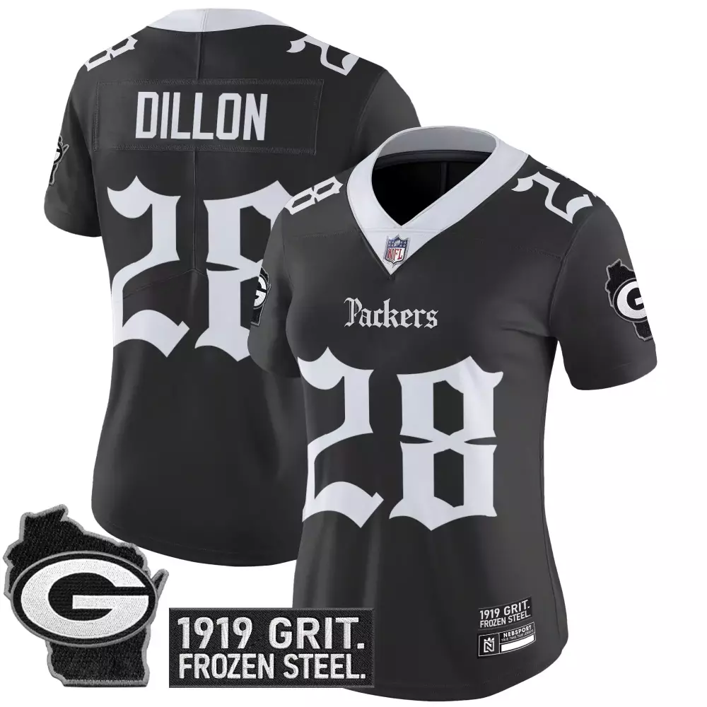 Dillon 28 Green Bay Packers Women’s Vapor Jersey | Black 1919 Grit Frozen Steel Edition | For Wom