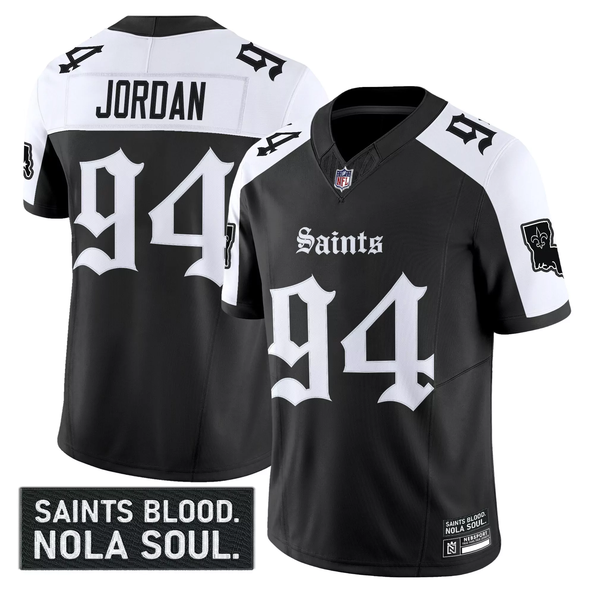 jordan 94 men s stitched vapor jersey new orleans saints black 2023 saints blood patch