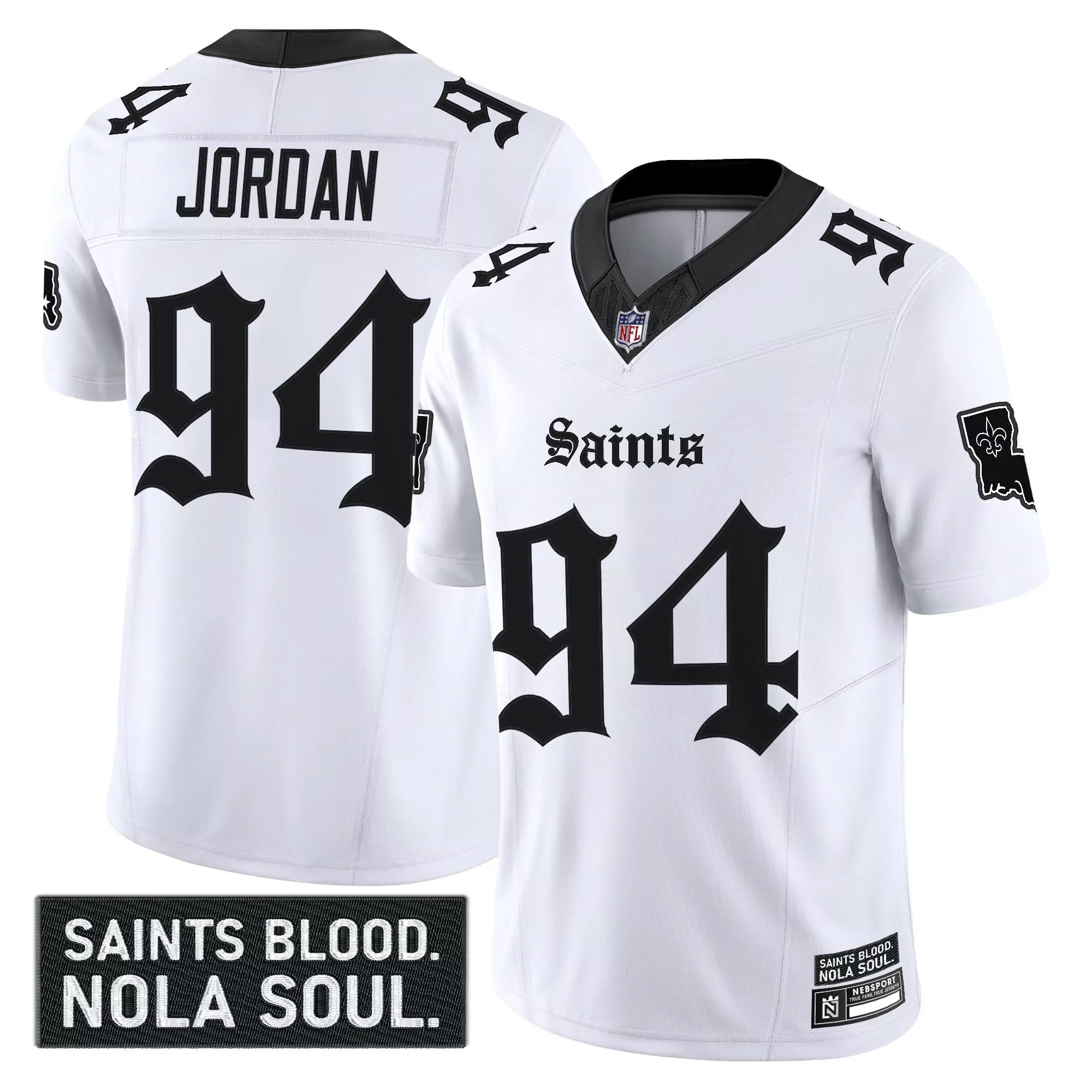 jordan 94 men s stitched vapor jersey new orleans saints white 2023 saints blood patch