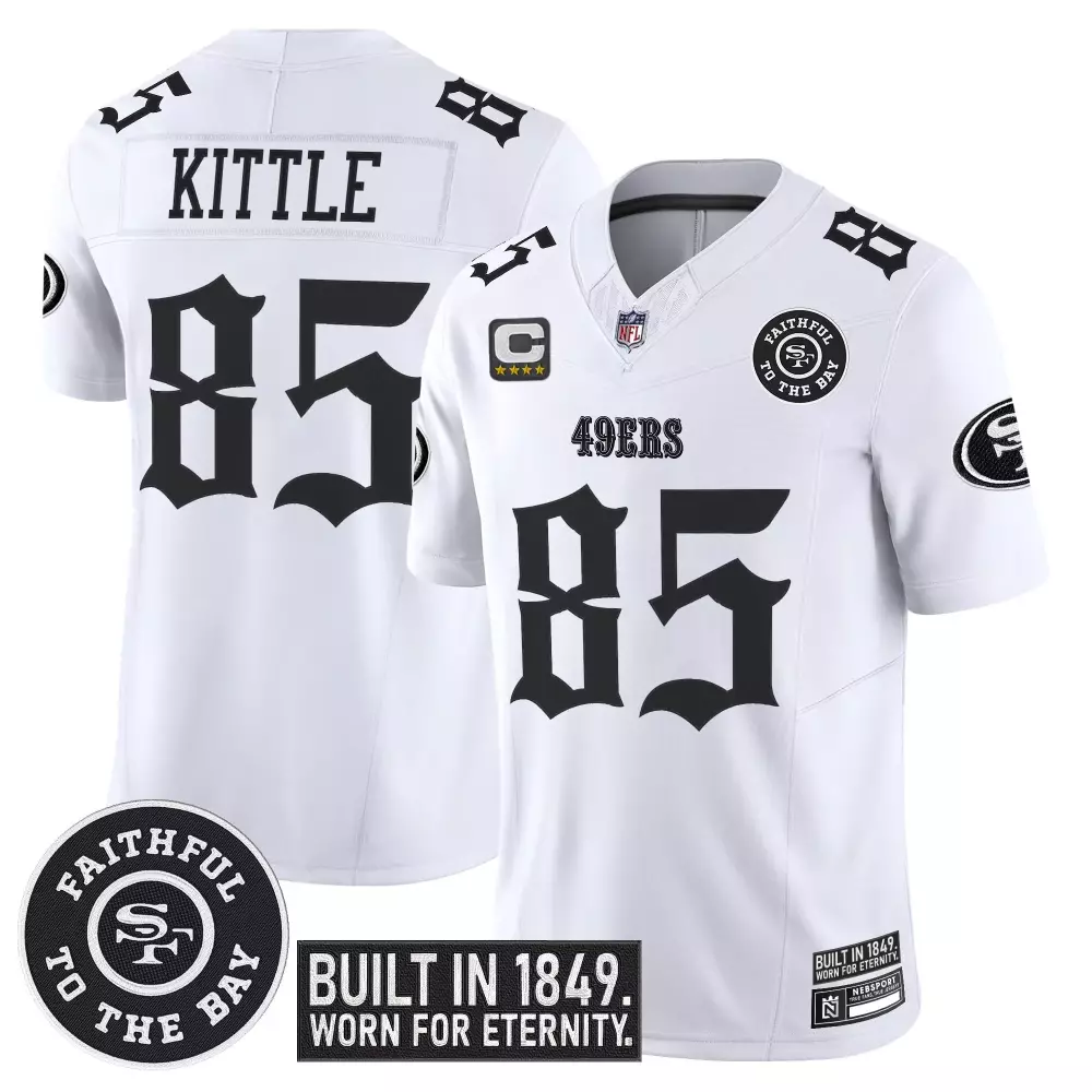 Kittle 85 Men's San Francisco 49ers White Vapor Jersey Faithful to the Bay Patch 2023 | For Men, Women & Youth