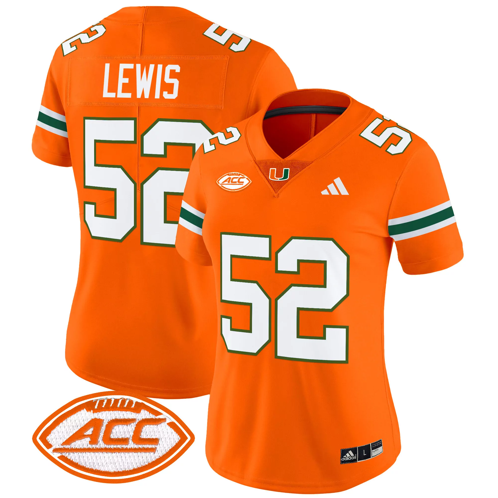 lewis 52 women s miami hurricanes green vapor stitched jersey with acc patch 2025