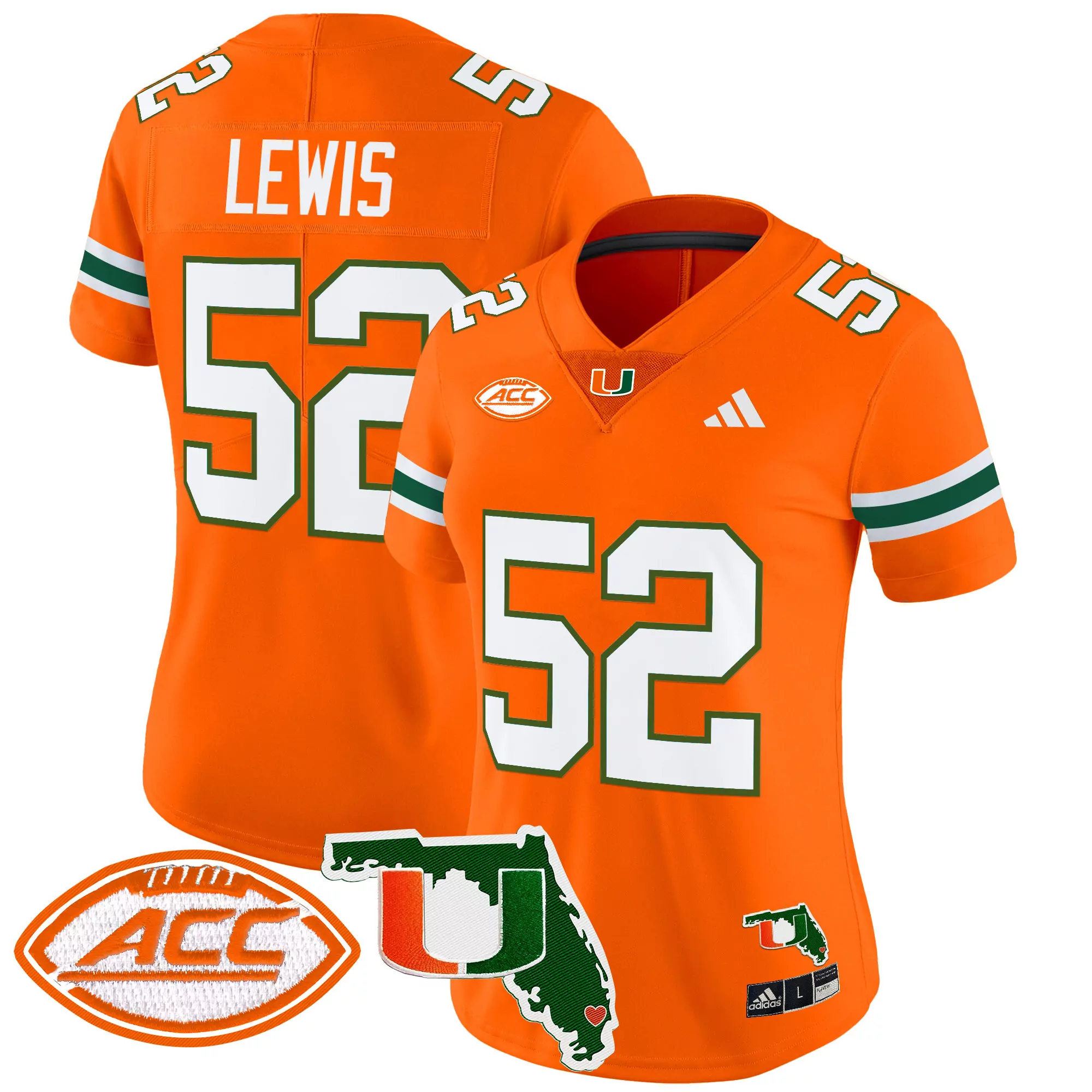 lewis 52 women s miami hurricanes green vapor stitched jersey with acc patch 2025