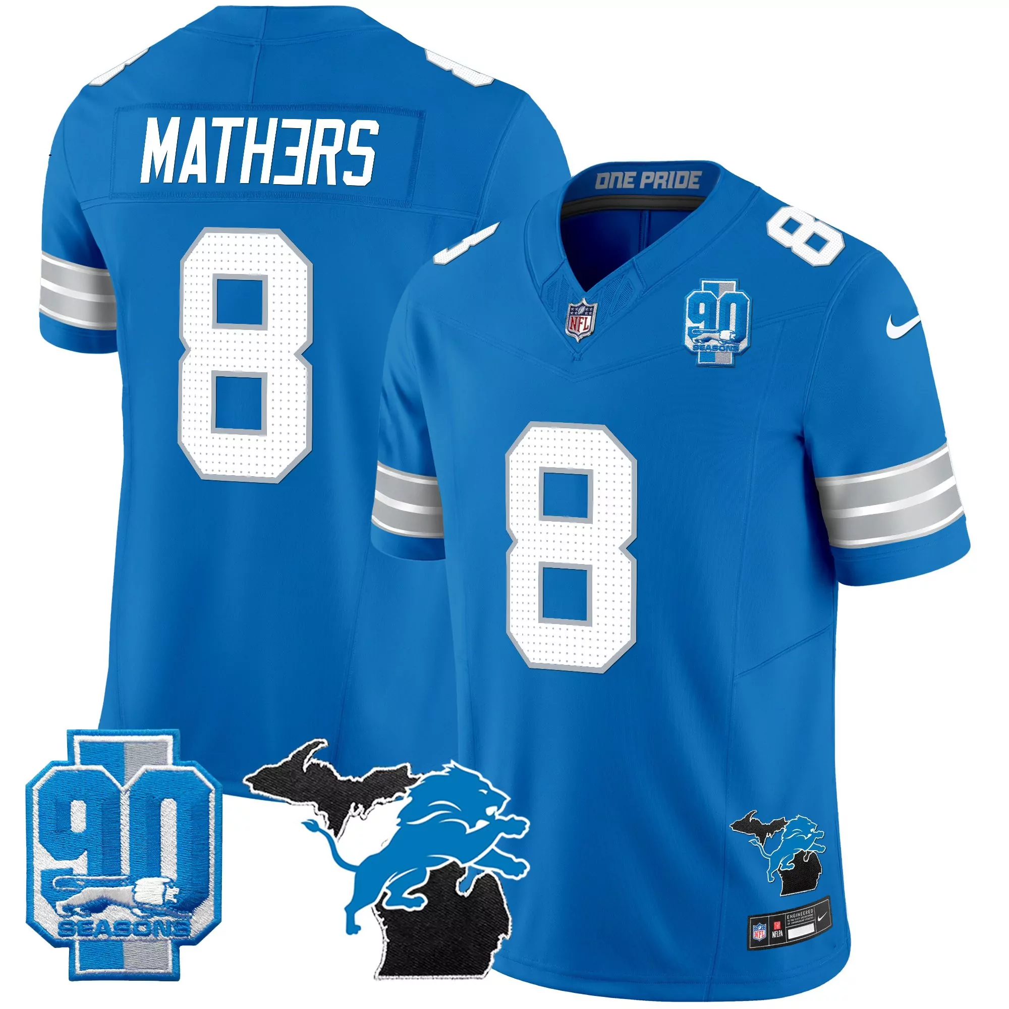 mathers 8 men s vapor jersey detroit lions 90th year patch blue stitched 2025