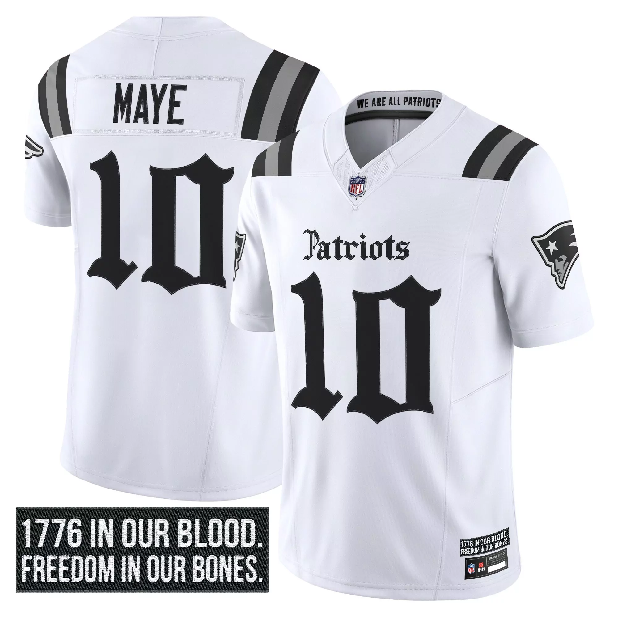maye 10 men s new england patriots white vapor jersey with 1776 patch 2023 edition