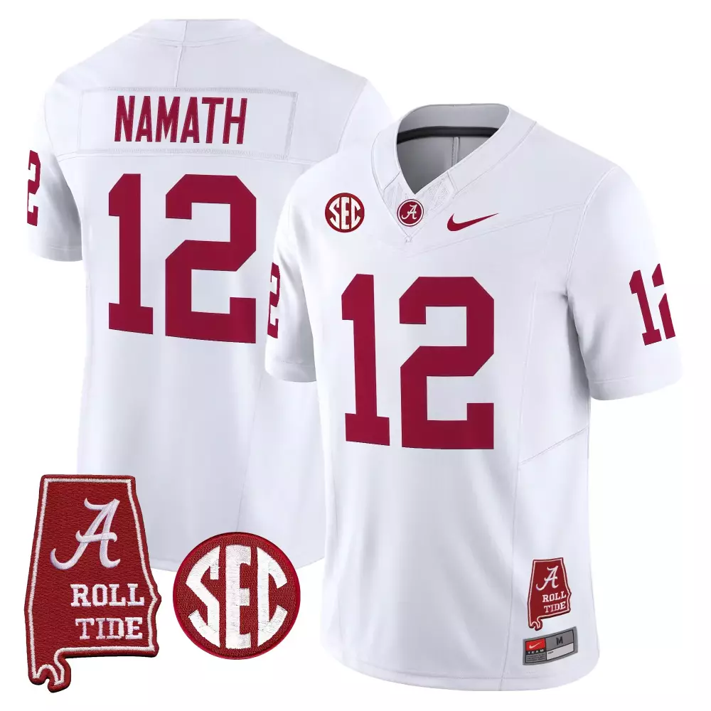Namath 12 Alabama Crimson Tide White Stitched Vapor Jersey | SEC Patch 2023 | For Men, Women & Youth