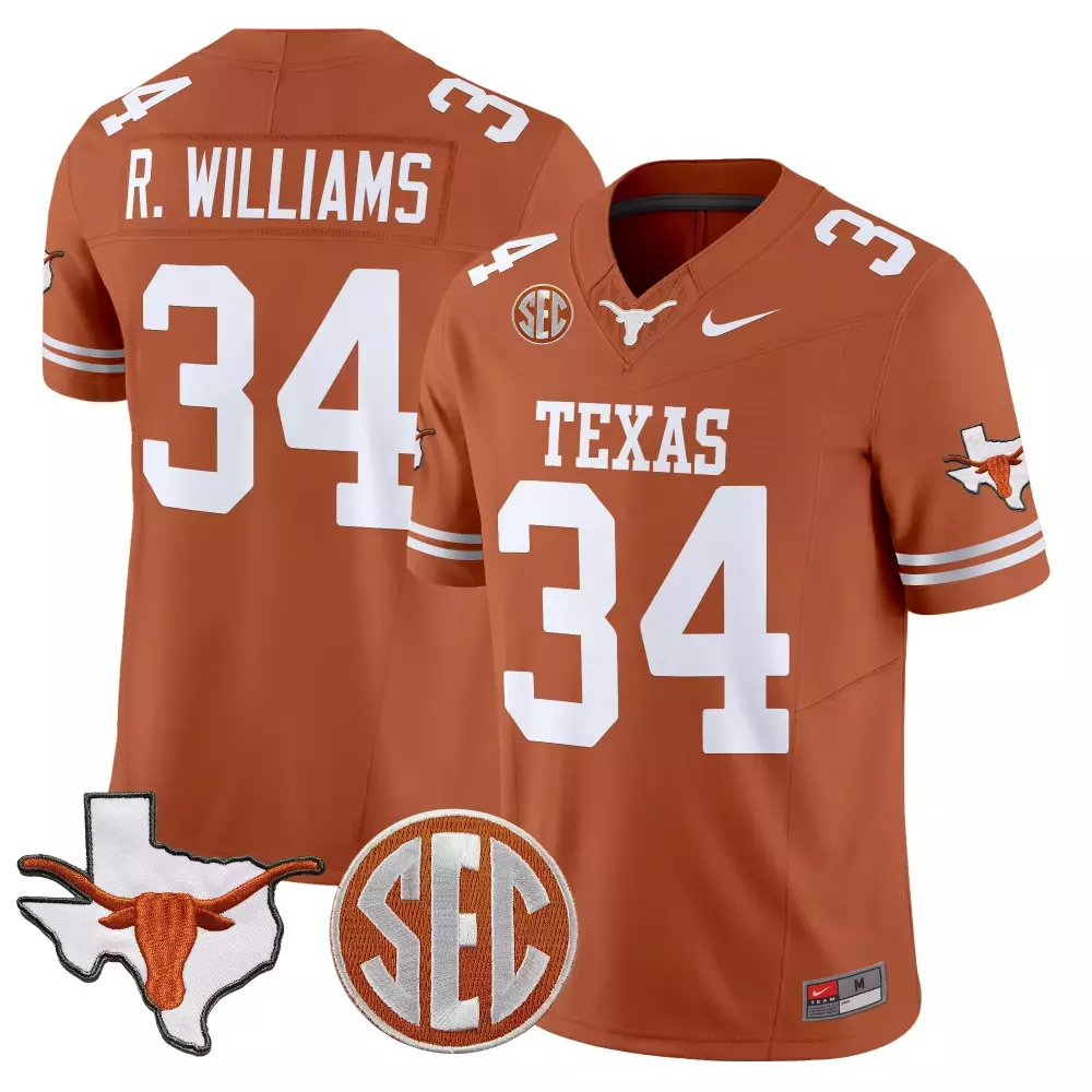 R Williams 34 Men's Vapor Jersey | Texas Longhorns 2025 Orange SEC Patch | Stitched Design | For Men