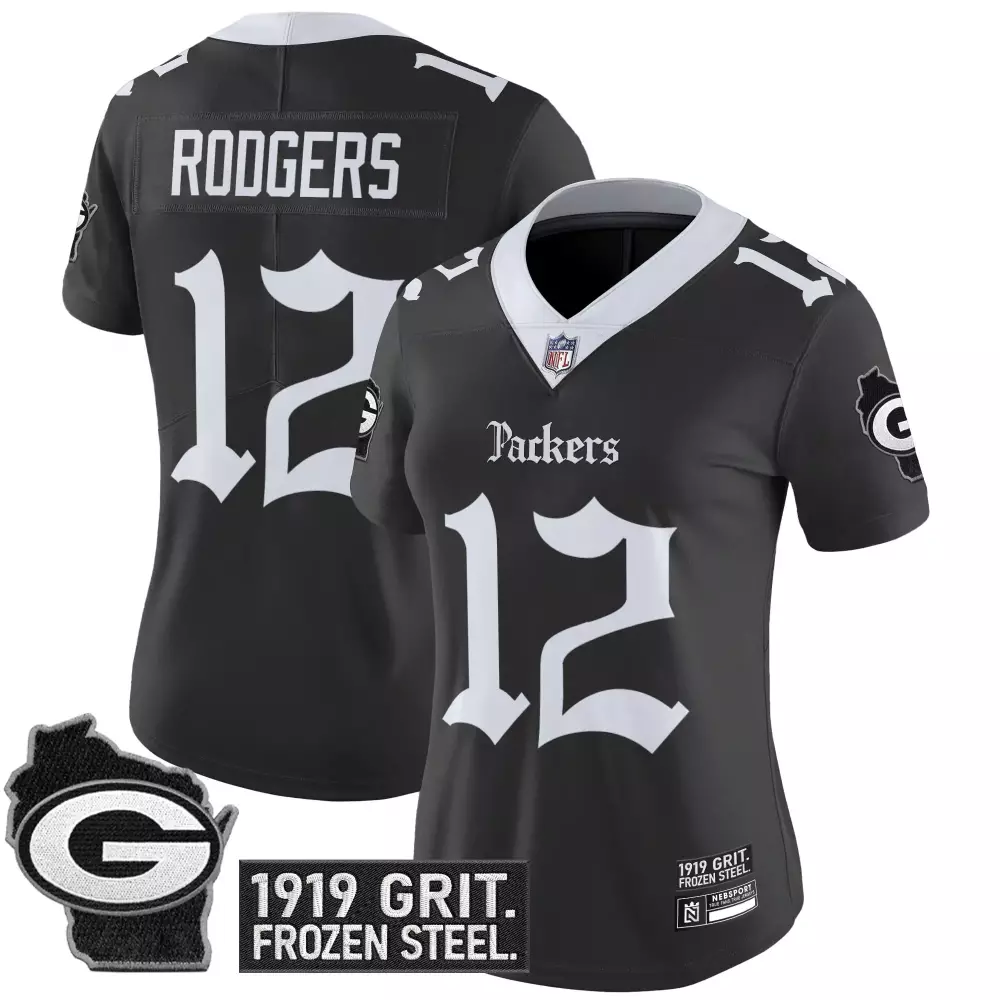 rodgers 12 women s vapor jersey green bay packers black 1919 grit frozen steel edition 2023
