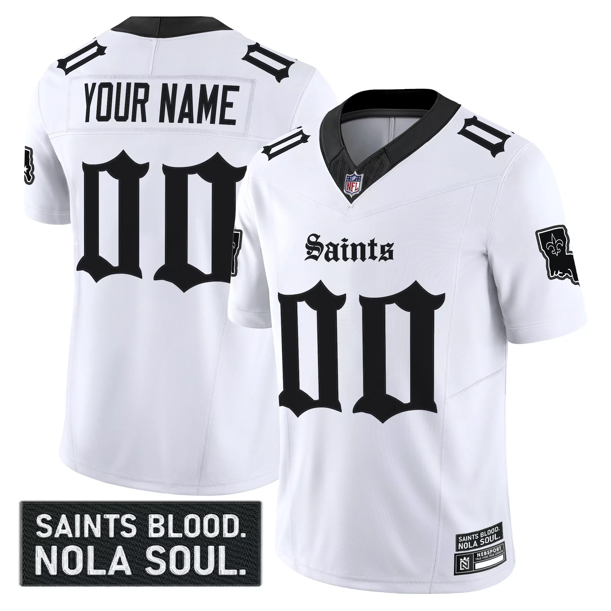your name 00 men s stitched vapor jersey new orleans saints white 2023 saints blood patch