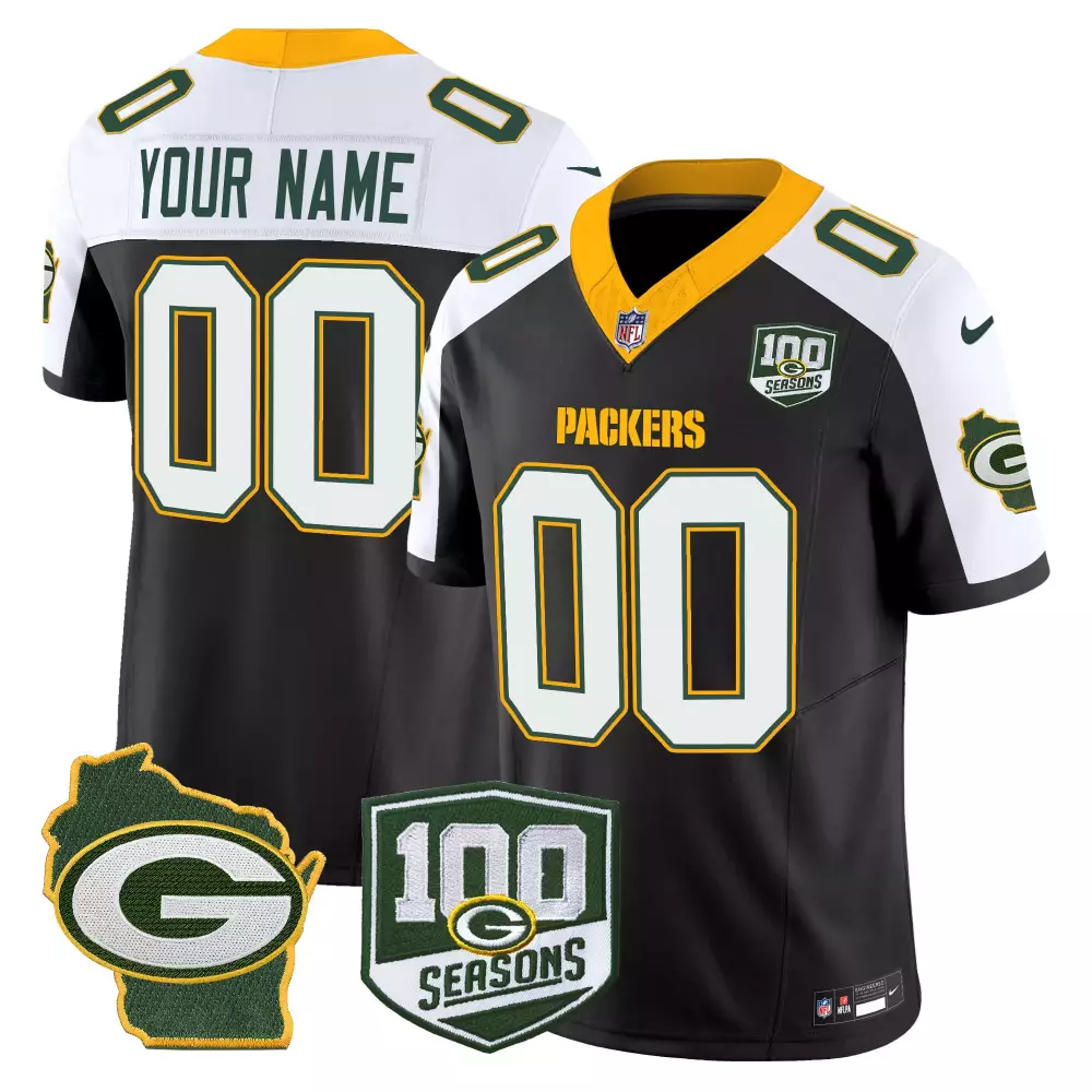Your Name 00 Men's Vapor Stitched Green Bay Packers Black Jersey | 100 Seasons Edition | For Men, Women & Youth
