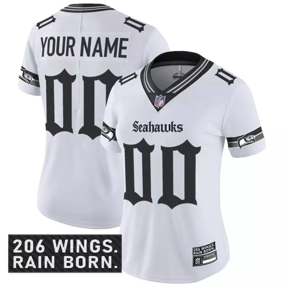 Your Name 00 Seattle Seahawks Women's White Vapor Stitched Jersey | 206 Wings 2023 Edition | For Men, Women & Youth