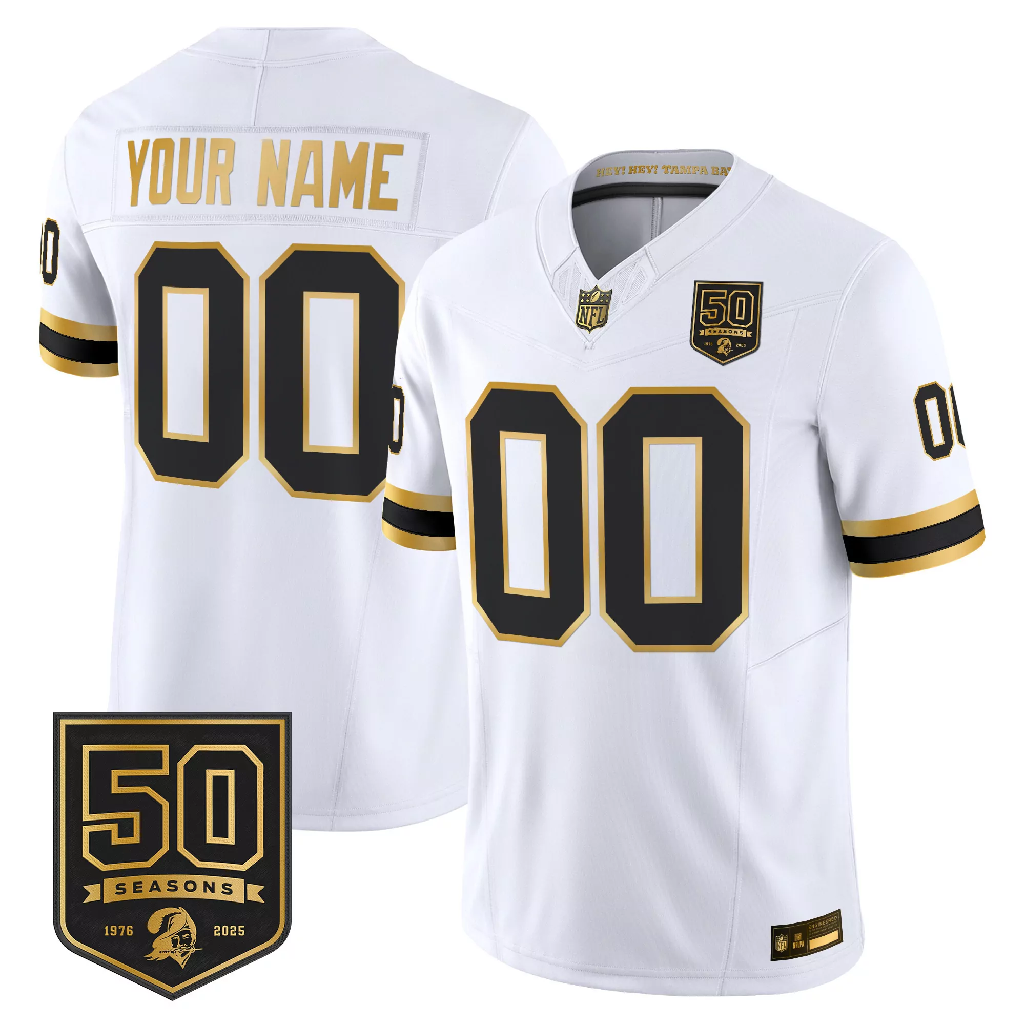 your name 00 tampa bay buccaneers vapor stitched jersey white 50 seasons patch 2025