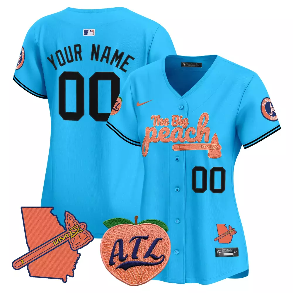 custom atlanta braves women s 2023 the big peach blue all stitched vapor jersey
