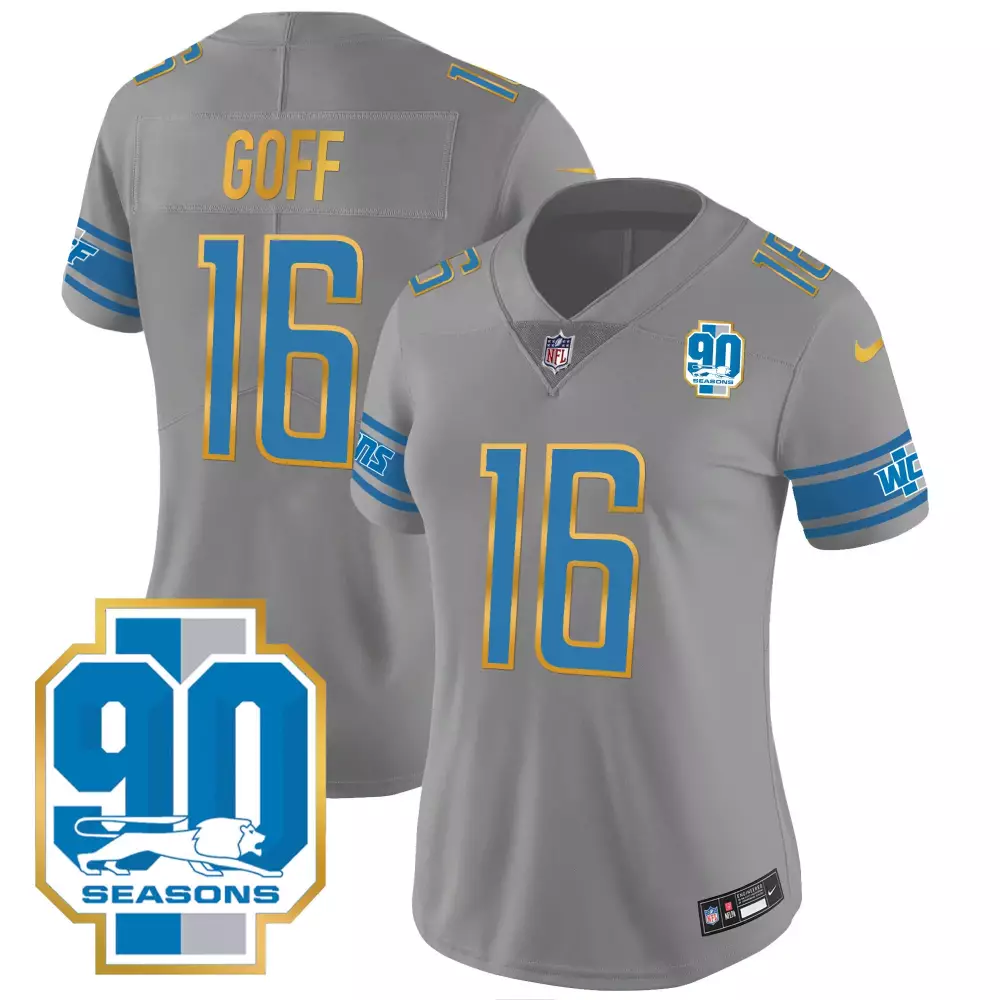 Jared Goff 16 Detroit Lions 2023 Women's Gray Vapor Jersey | North Champions Edition | All Stitched | For Men, Women & Youth