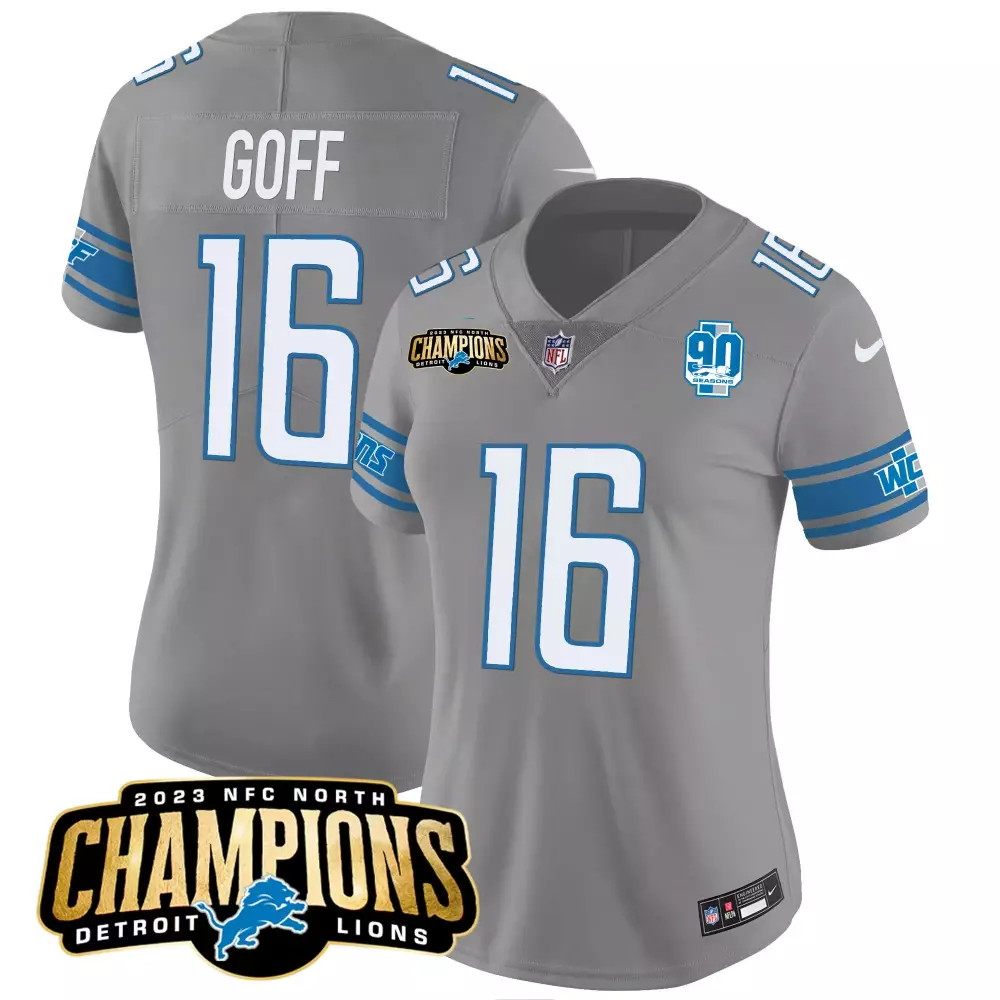 Jared Goff 16 Detroit Lions 2023 Women's Gray Vapor Jersey | North Champions Edition | All Stitched | For Men, Women & Youth