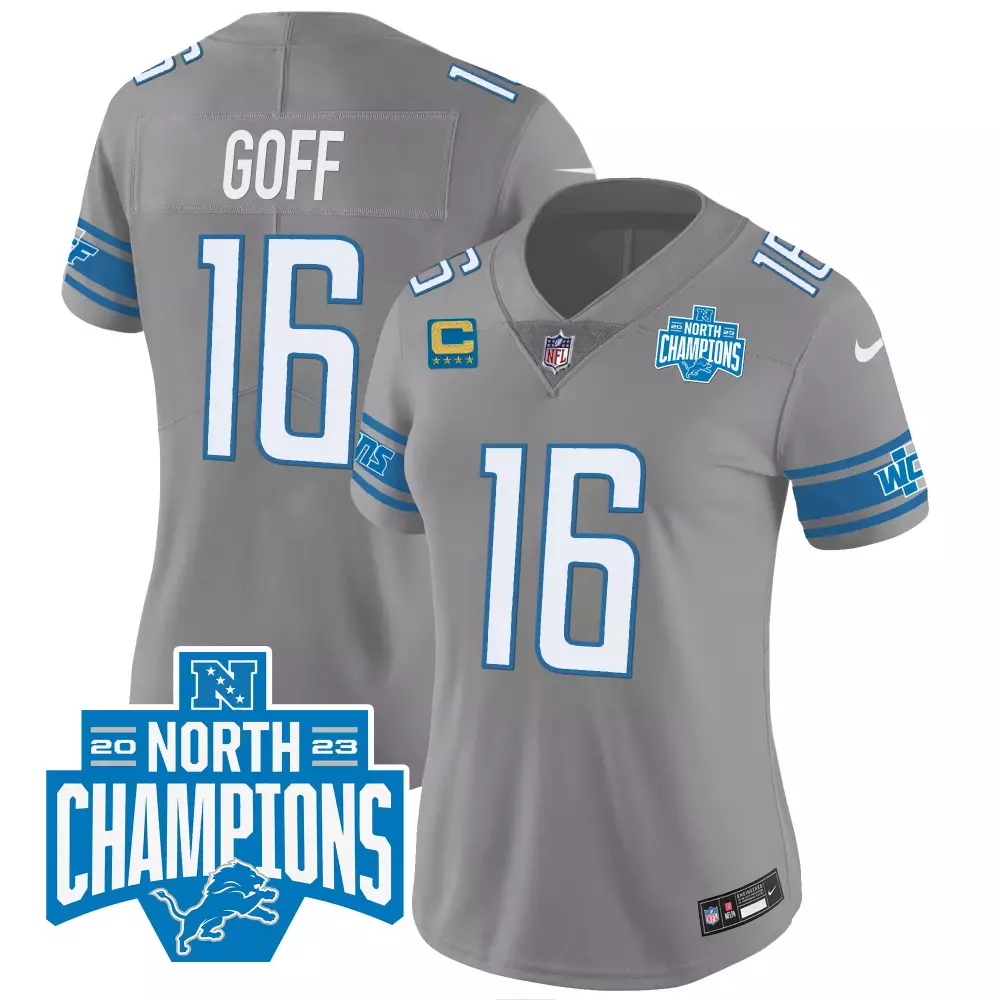 Jared Goff 16 Detroit Lions 2023 Women's Gray Vapor Jersey | North Champions Edition | All Stitched | For Men, Women & Youth