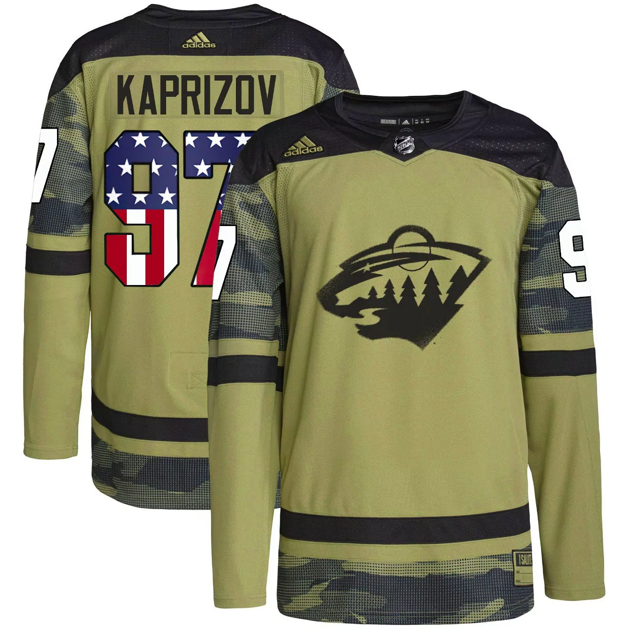 kaprizov 97 minnesota wild 2023 men s camo all stitched vapor jersey with american flag patch