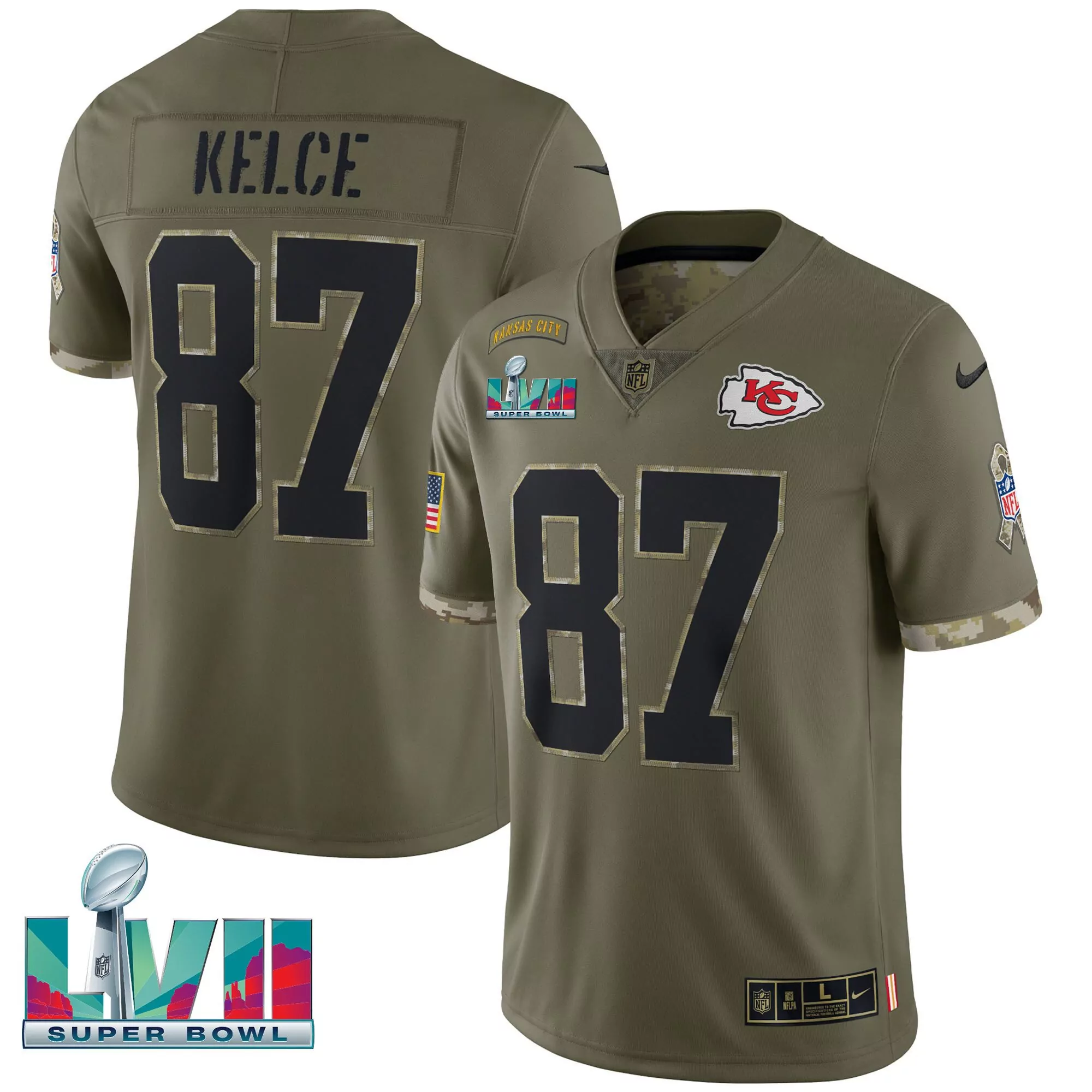 kelce 87 kansas city 2023 male super bowl all stitched vapor jersey olive green
