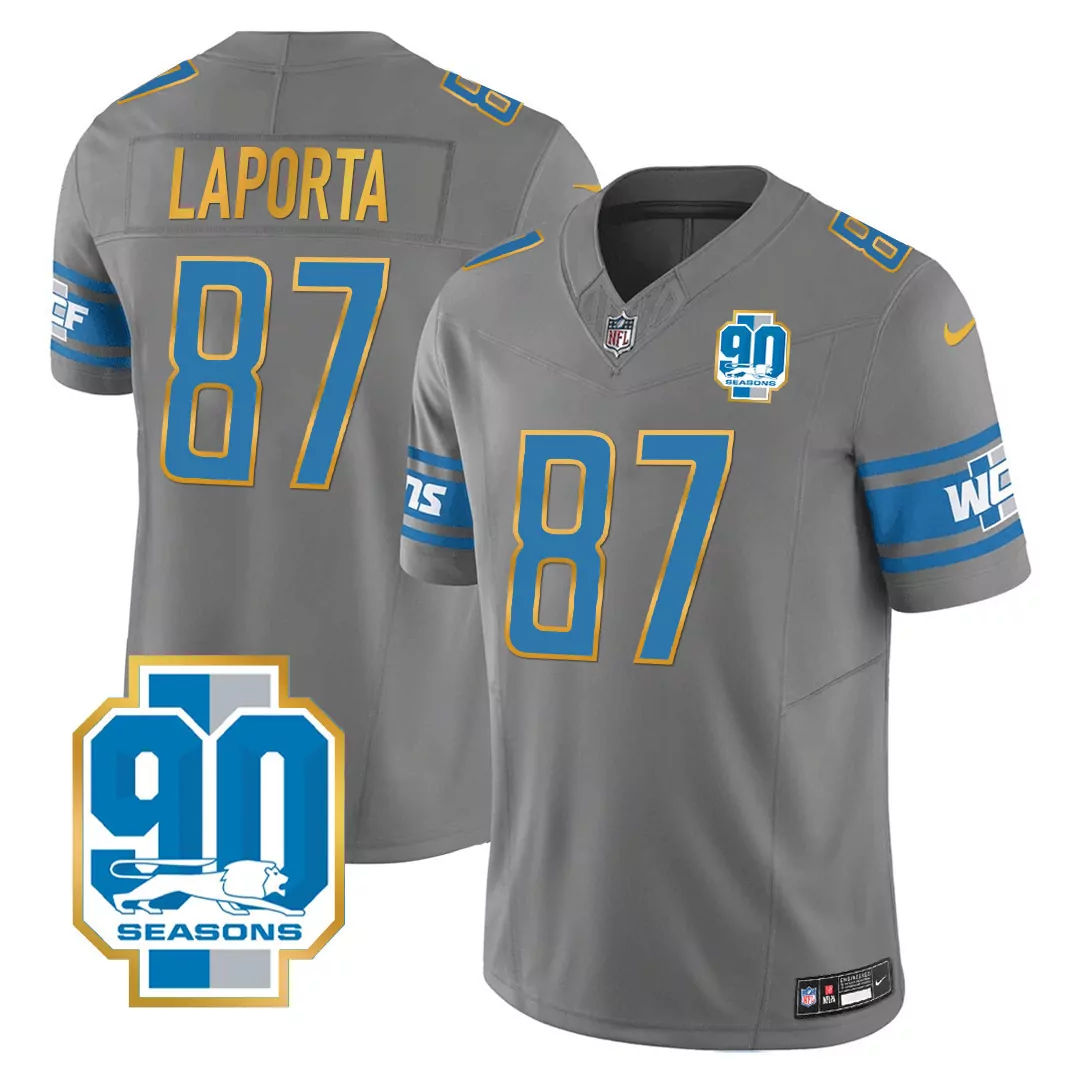 laporta 87 detroit lions 2023 men s all stitched vapor jersey gray 90 seasons edition 2