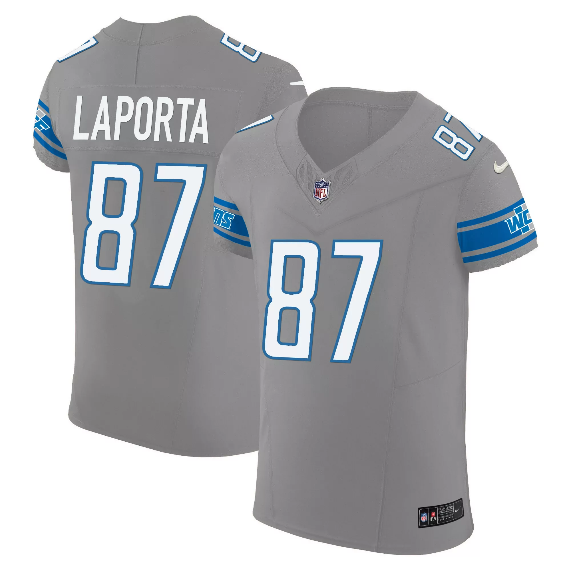 laporta 87 detroit lions 2023 men s all stitched vapor jersey gray blue