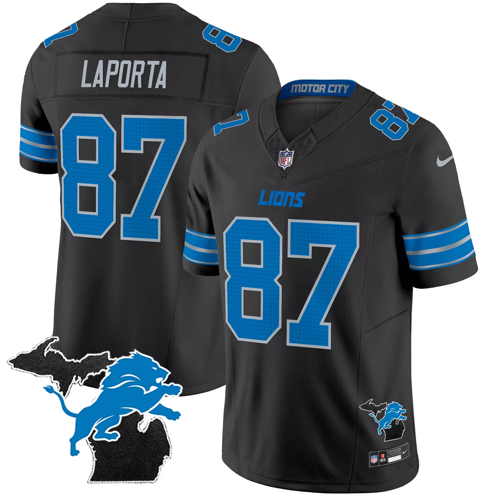 laporta 87 detroit lions 2023 men s black all stitched vapor jersey motor city edition