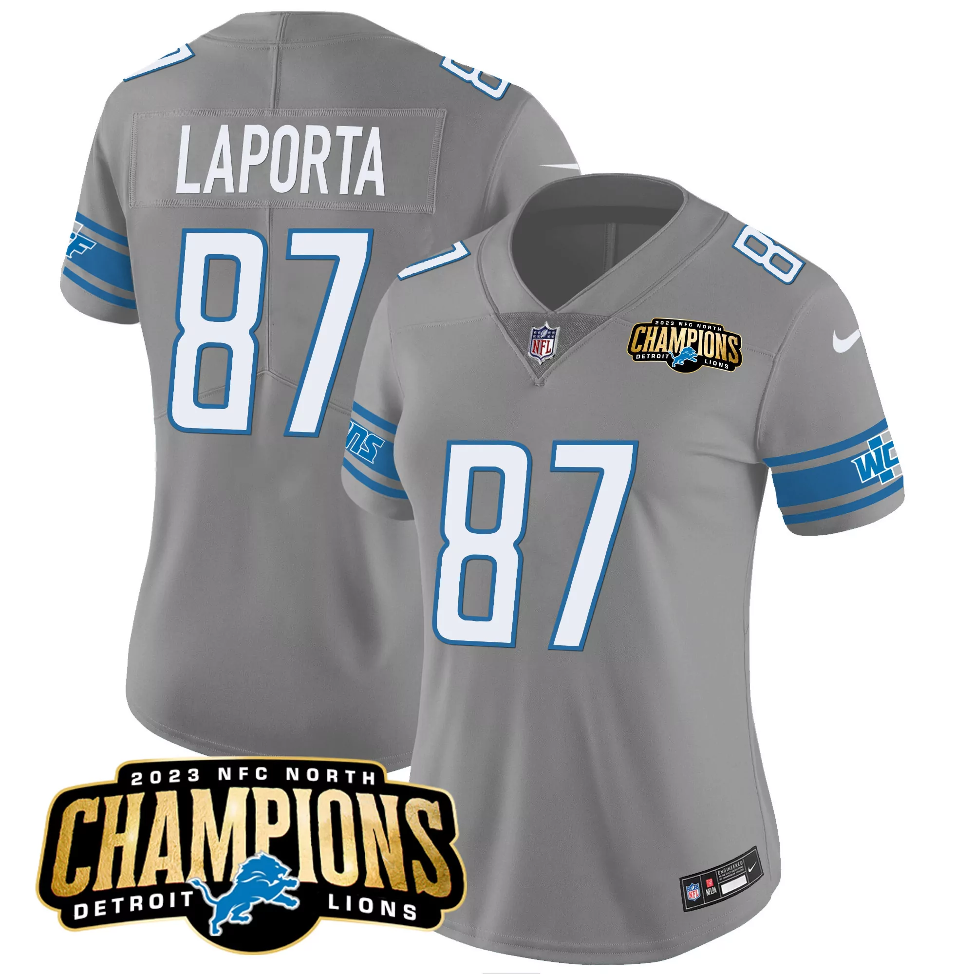 laporta 87 detroit lions 2023 women s all stitched vapor jersey gray champions edition